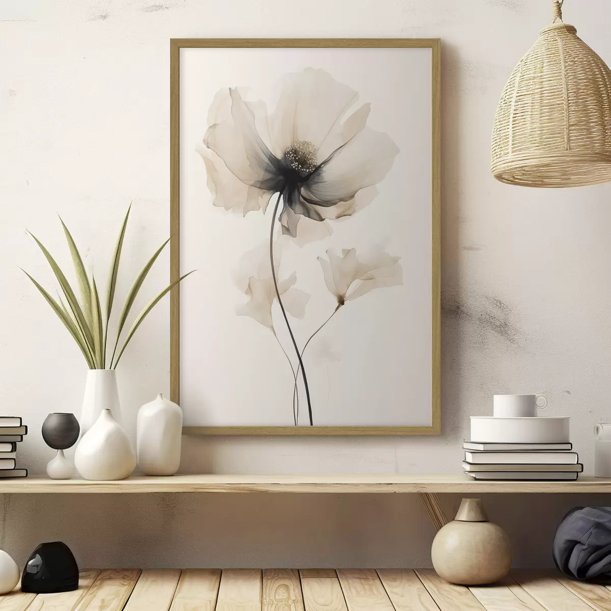 Poster Zarte, halbtransparente Blume mit dunkler Mitte im minimalistischen Stil f46944