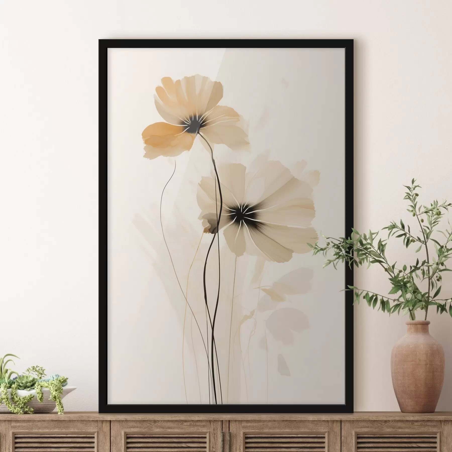 Fototapete Blumen in einer beige-pfirsichfarbenen Palette mit dunklen Zentren in minimalistischem Stil f46945