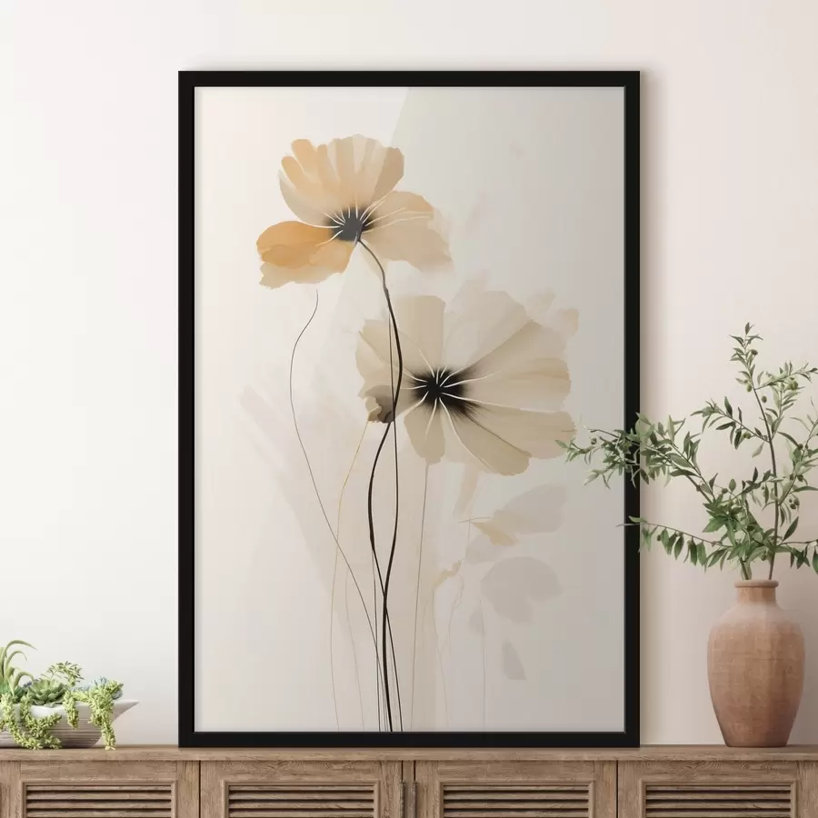 Fototapete Blumen in einer beige-pfirsichfarbenen Palette mit dunklen Zentren in minimalistischem Stil f46945