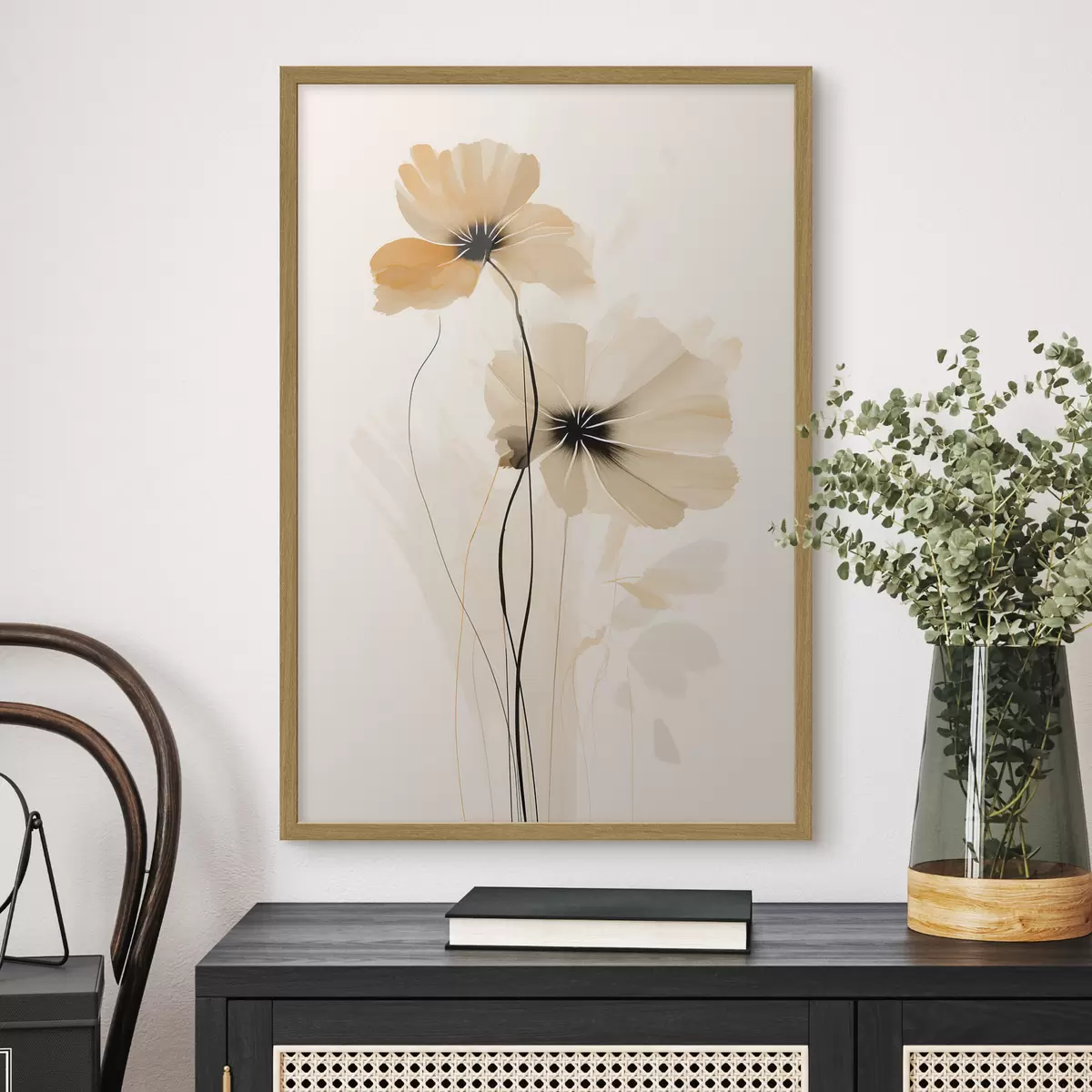 Poster Blumen in einer beige-pfirsichfarbenen Palette mit dunklen Zentren in minimalistischem Stil f46945
