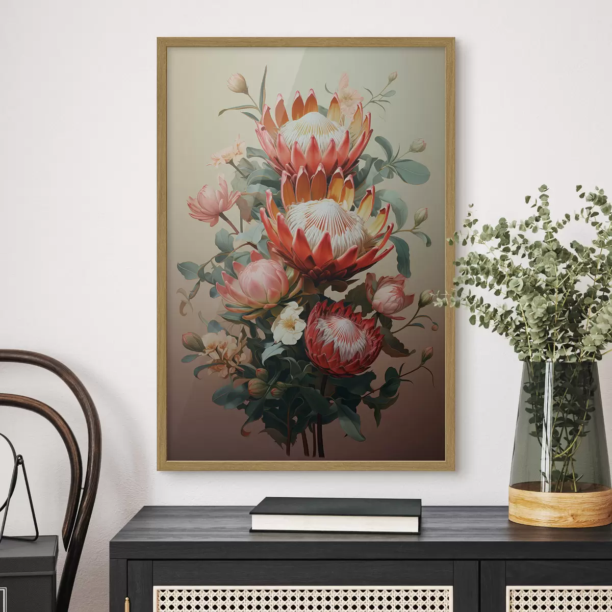 Poster Komposition mit großen Proteas in einem modernen digitalen, malerischen Illustrationsstil f46947