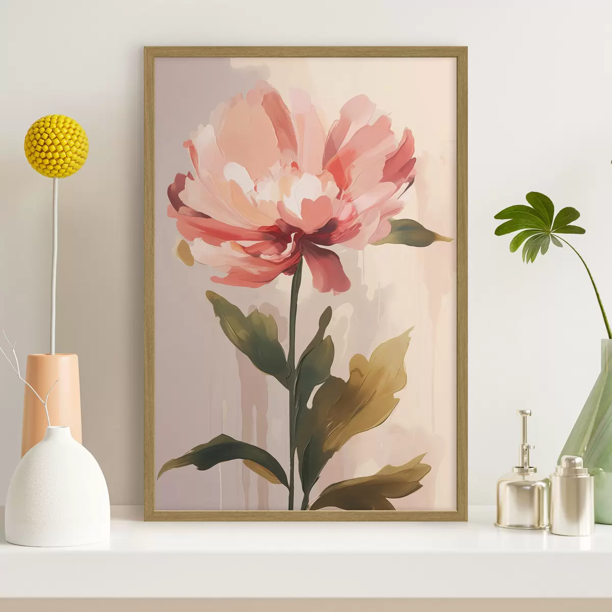 Poster Pfingstrose mit korallenrosa Blütenblättern im Stil moderner Kunstillustration f46948