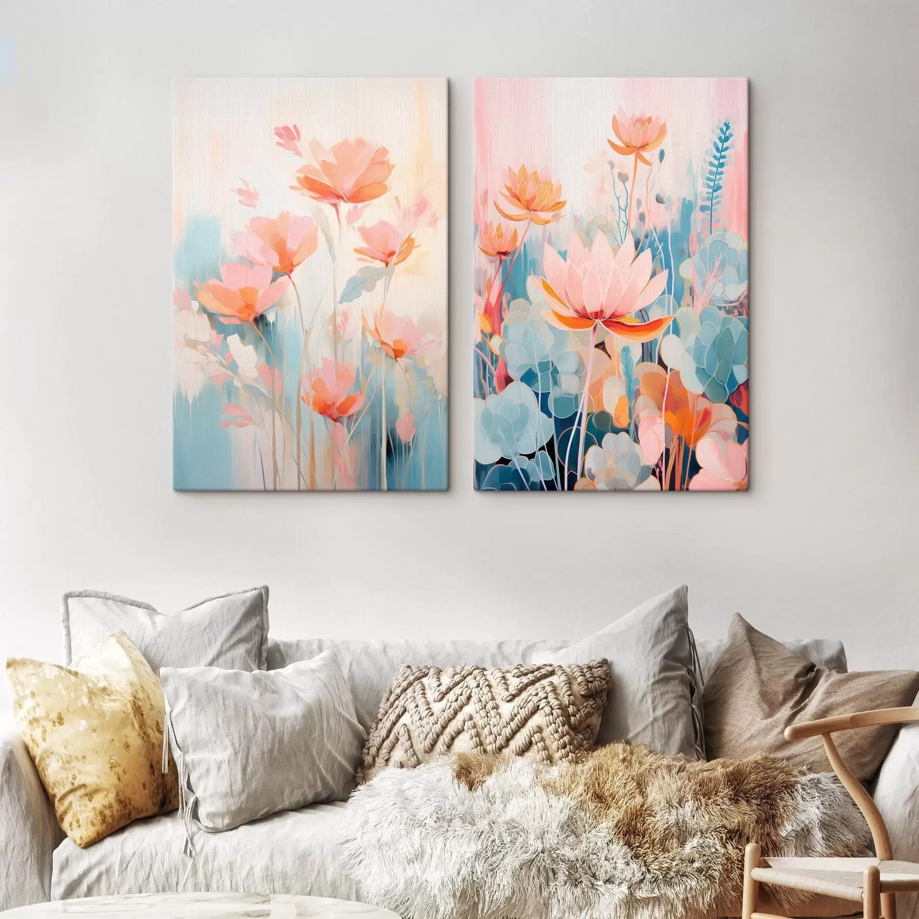 Fototapete Aquarellharmonie von Blumen in einer rosa-blauen Farbpalette m01084