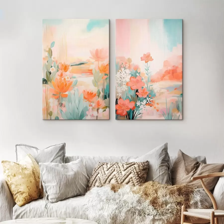 Fototapete Blumenmotive in Pastelltönen vor dem Hintergrund eines leicht nebligen Tals m01085