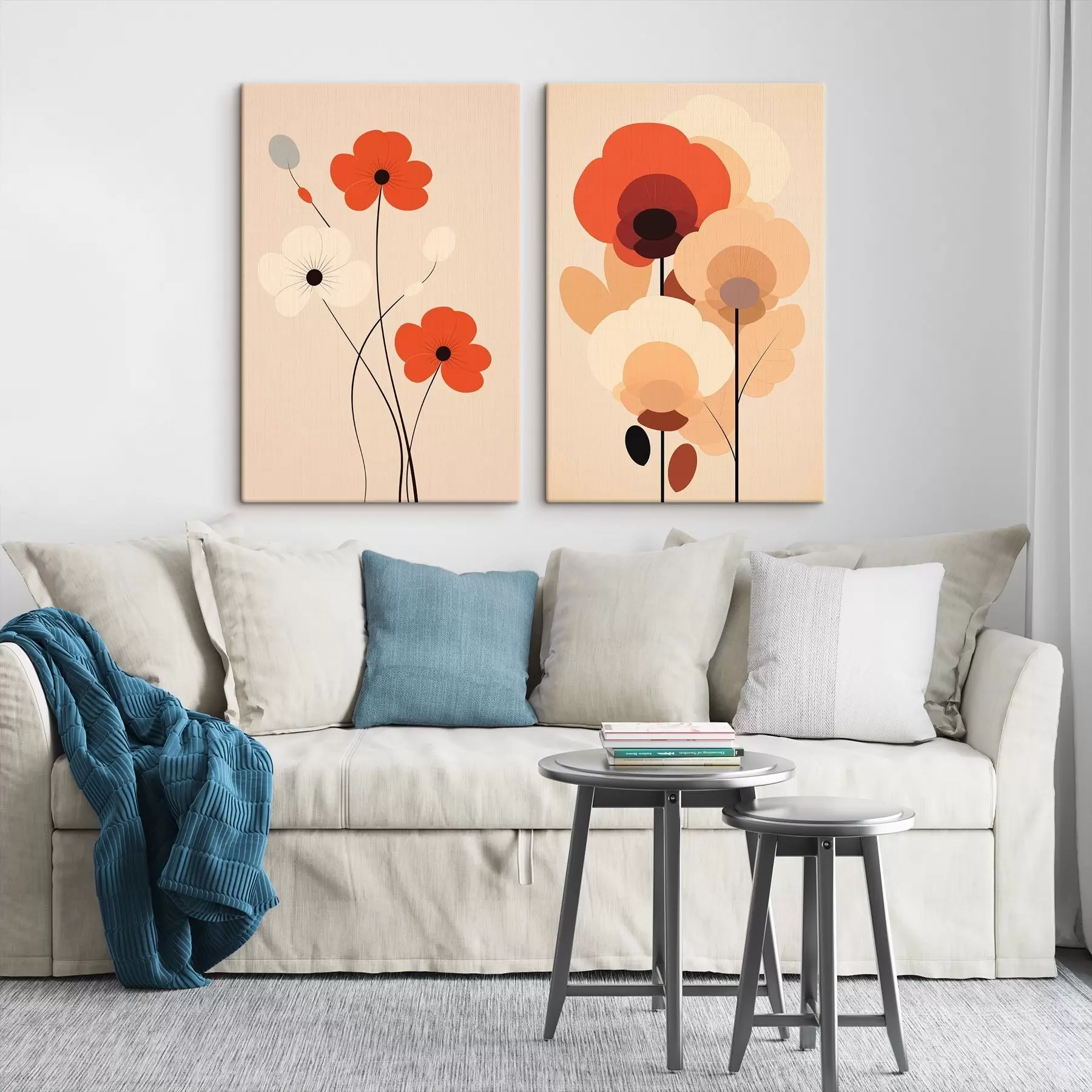Fototapete Minimalistisches Blumendiptychon in warmen Beige-Korallentönen mit grafischen Linien m01090
