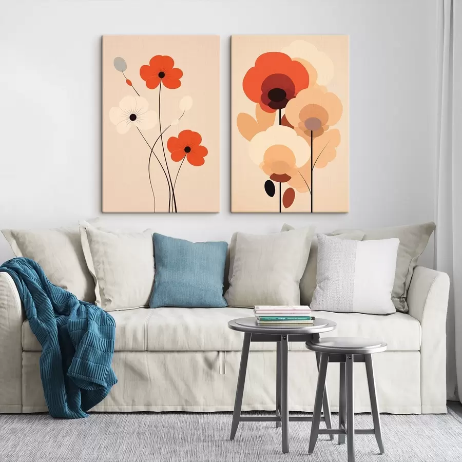 Fototapete Minimalistisches Blumendiptychon in warmen Beige-Korallentönen mit grafischen Linien m01090