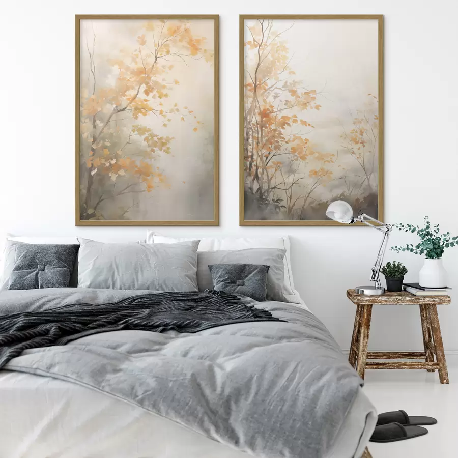 Fototapete Herbstbäume mit orangefarbenen Blättern und Zweigen, sanfter Aquarellstil, zarte Pinselstriche d00826