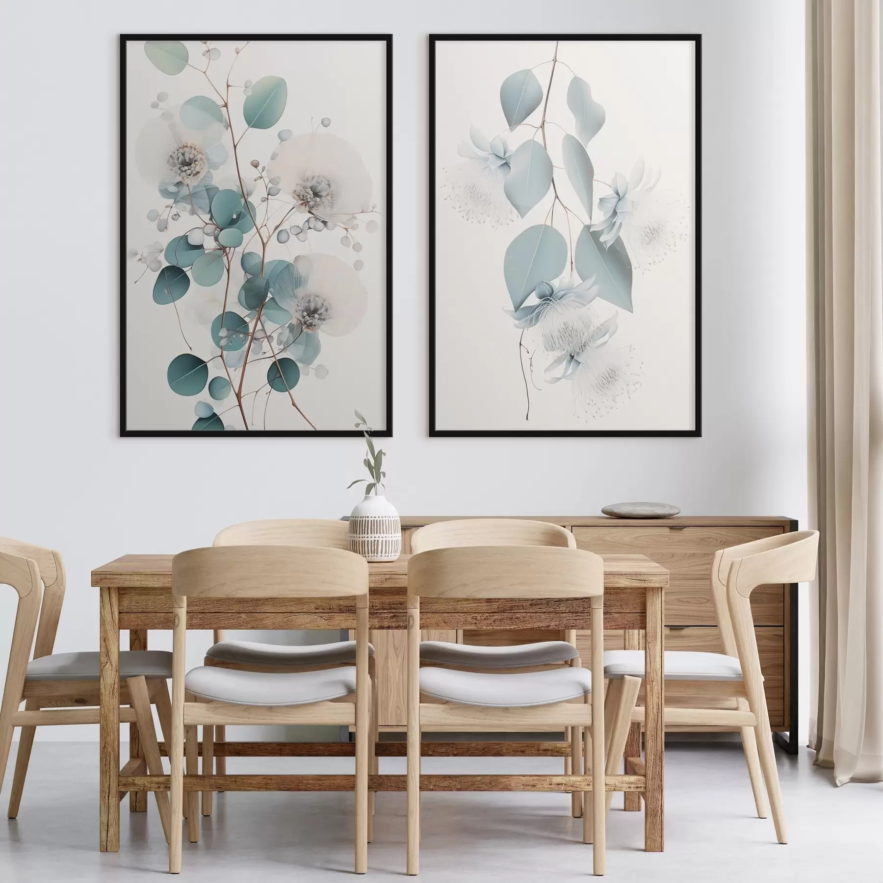 Fototapete Eukalyptuszweig mit blauen Blättern und weißen Blüten, heller Hintergrund d00829