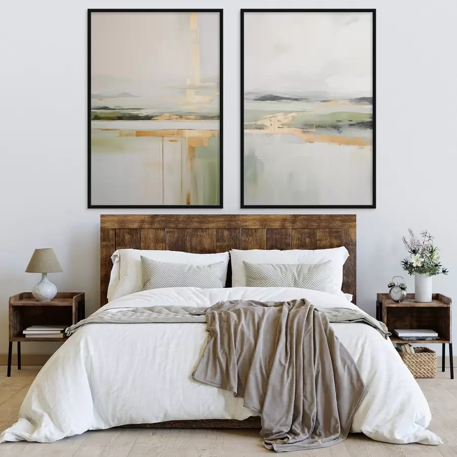 Fototapete Abstrakte Landschaft mit gelben Akzenten, eine minimalistische Komposition aus Land, Wasser und Himmel, mit gedämpften Farben d00877