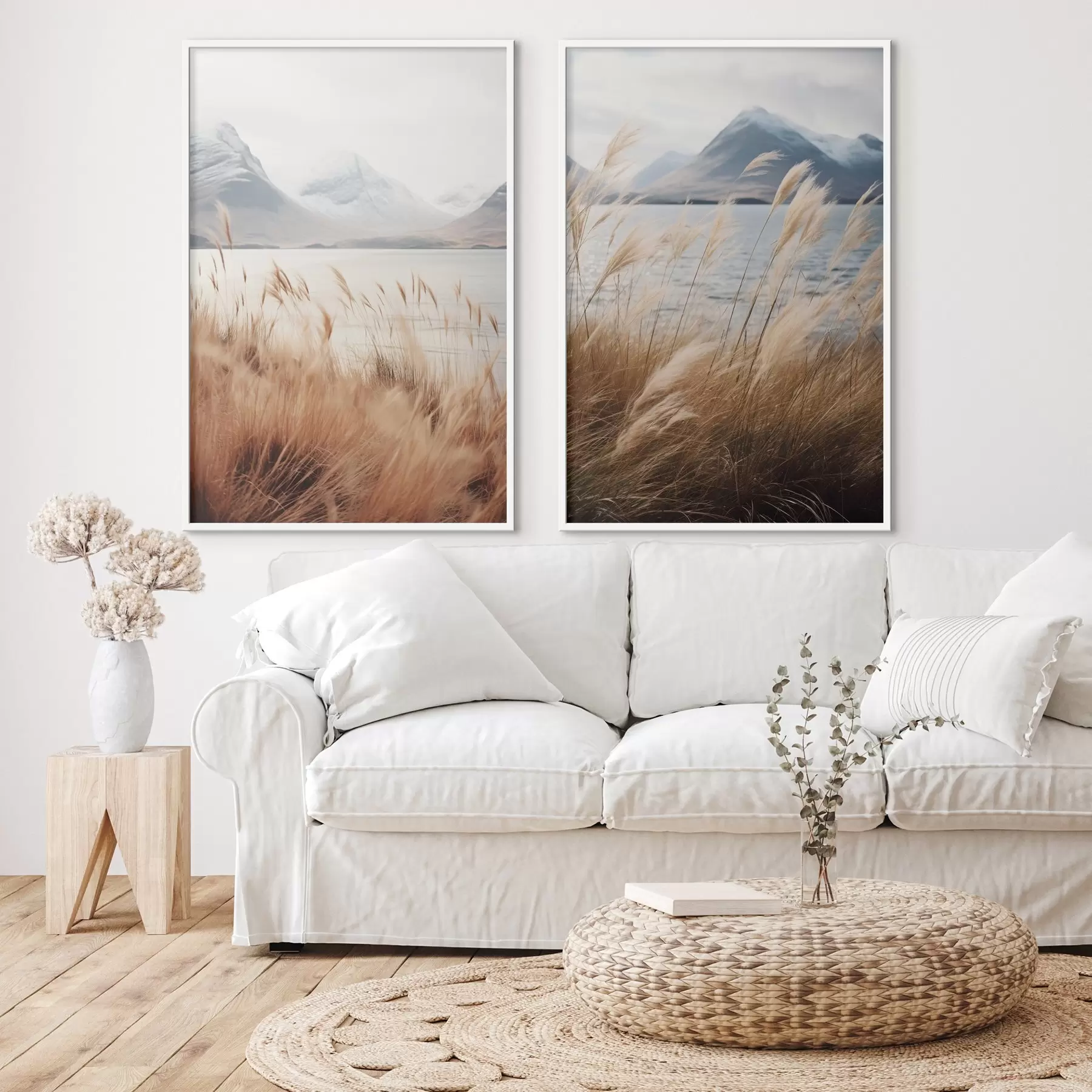 Fototapete Pampasgras mit einem See und Bergen im Hintergrund, sanfte Beleuchtung, gedämpfte Farben, naturalistischer Stil d00884