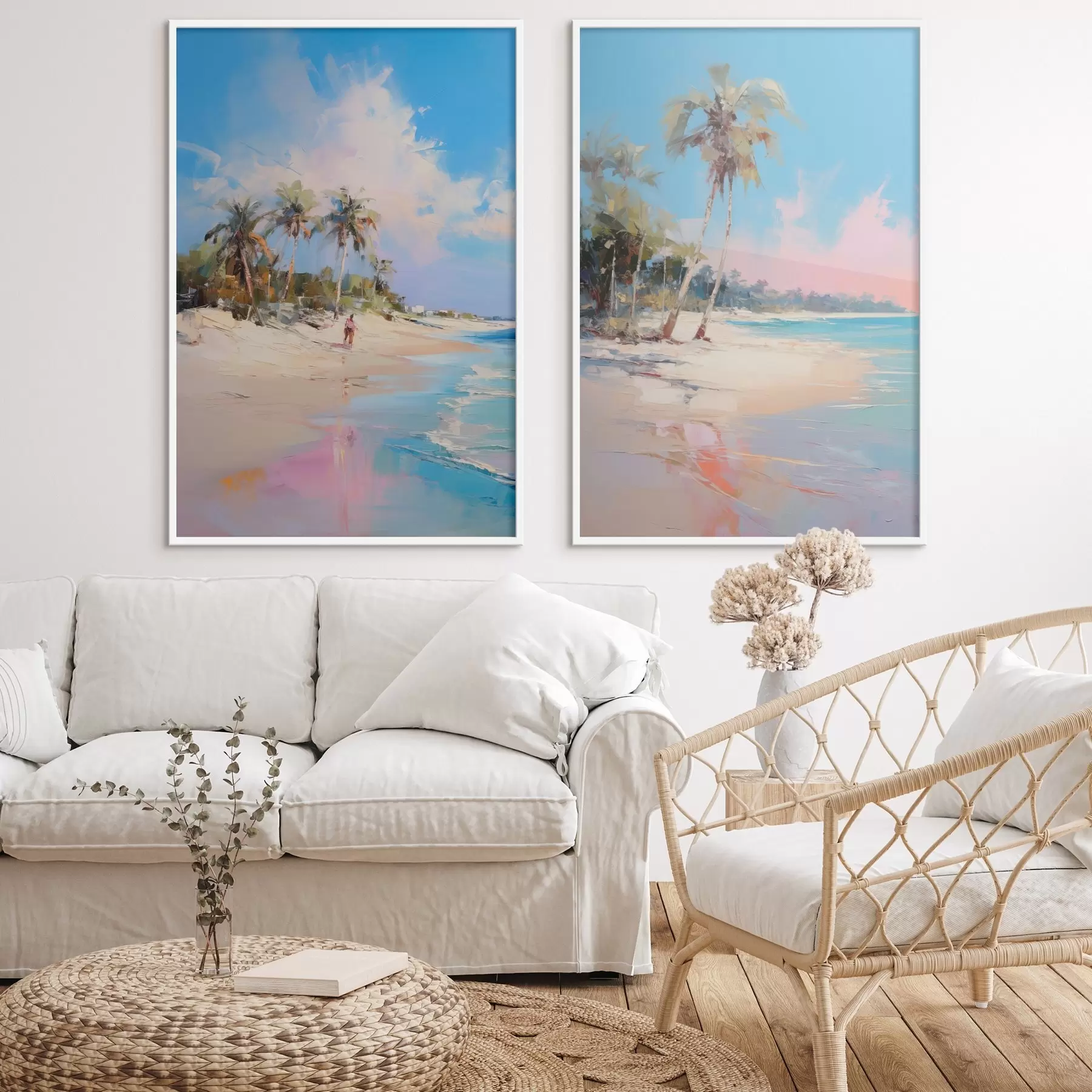 Fototapete Abstrakte Landschaft, ein Strand mit Palmen, strahlender Sonnenschein mit blauem Himmel und einigen Wolken d00885