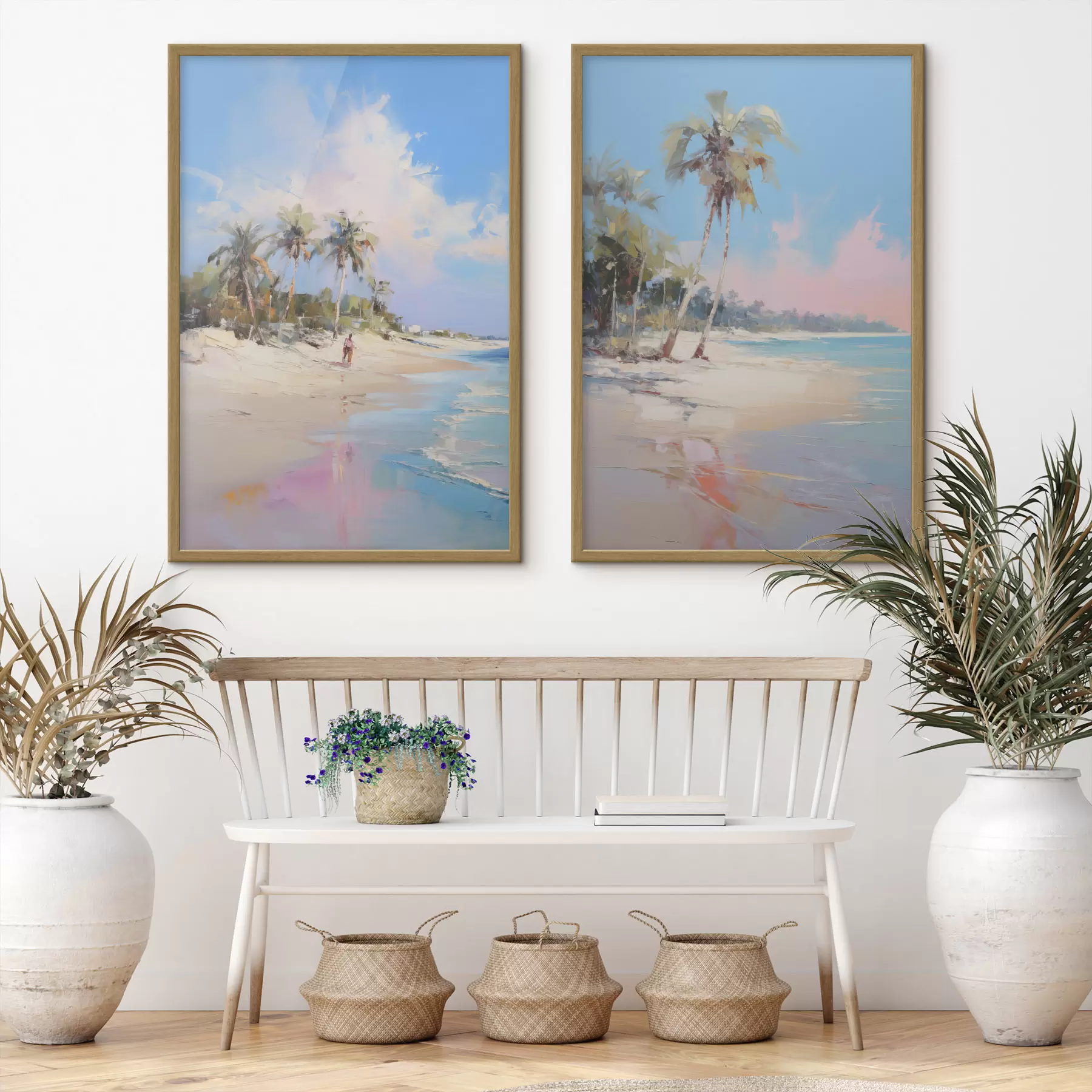 Fototapete Abstrakte Landschaft, ein Strand mit Palmen, strahlender Sonnenschein mit blauem Himmel und einigen Wolken d00885