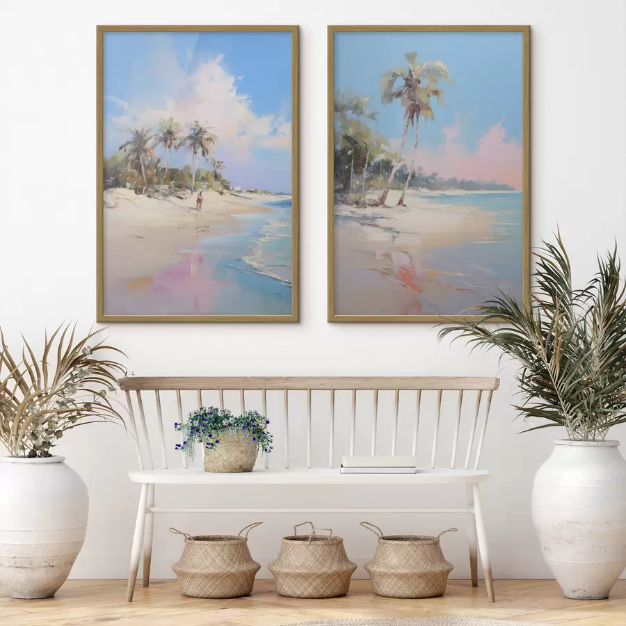 Fototapete Abstrakte Landschaft, ein Strand mit Palmen, strahlender Sonnenschein mit blauem Himmel und einigen Wolken d00885