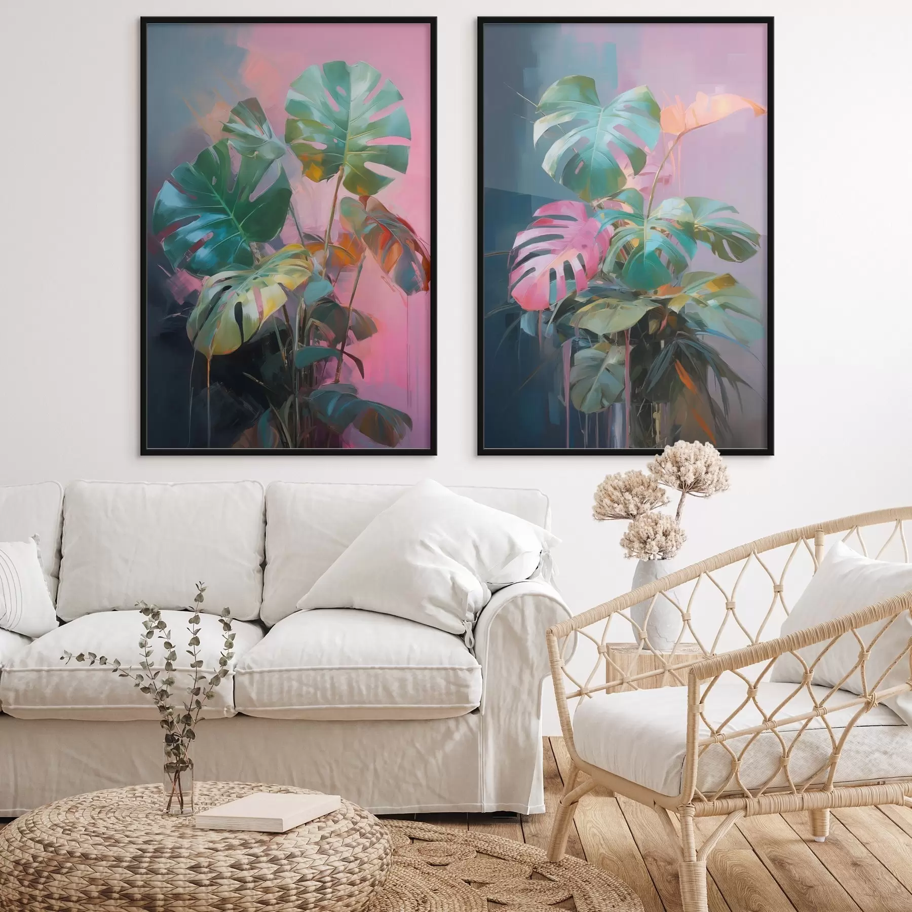 Fototapete Abstrakte Monstera-Pflanze mit leuchtend grünen Blättern vor einem Hintergrund aus zarten Rosa- und Violetttönen d00886