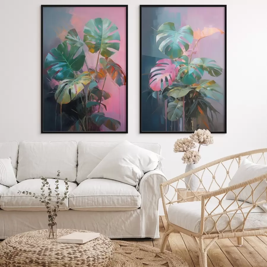 Fototapete Abstrakte Monstera-Pflanze mit leuchtend grünen Blättern vor einem Hintergrund aus zarten Rosa- und Violetttönen d00886