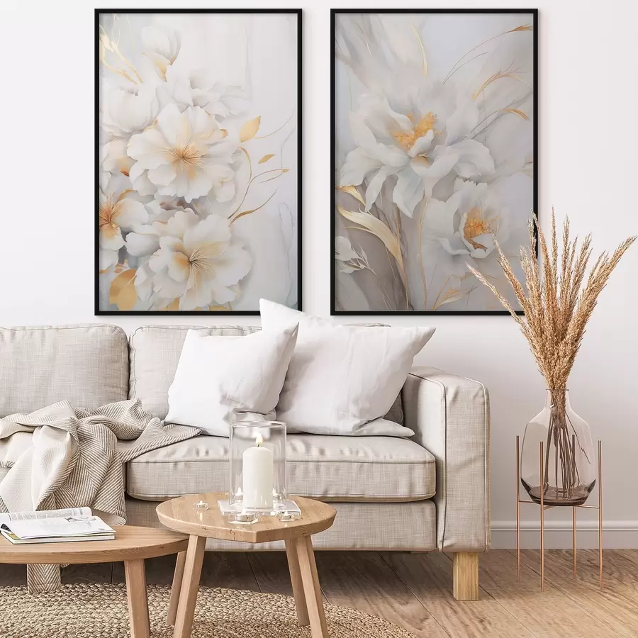 Fototapete Weiße Blüten mit gelben Details, Blütenblätter mit dezenten Schatten, heller Hintergrund mit dezentem Marmoreffekt d00889