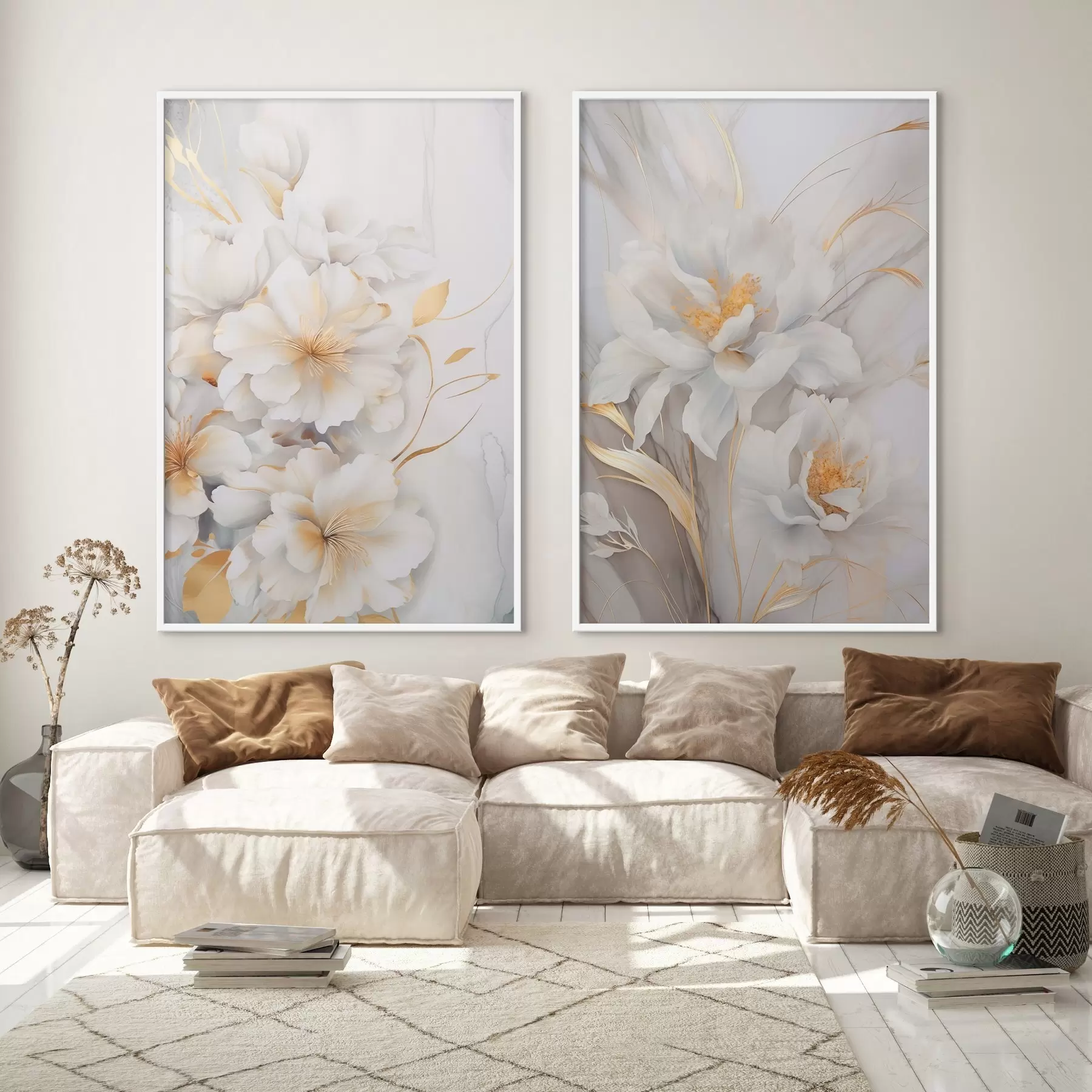 Fototapete Weiße Blüten mit gelben Details, Blütenblätter mit dezenten Schatten, heller Hintergrund mit dezentem Marmoreffekt d00889