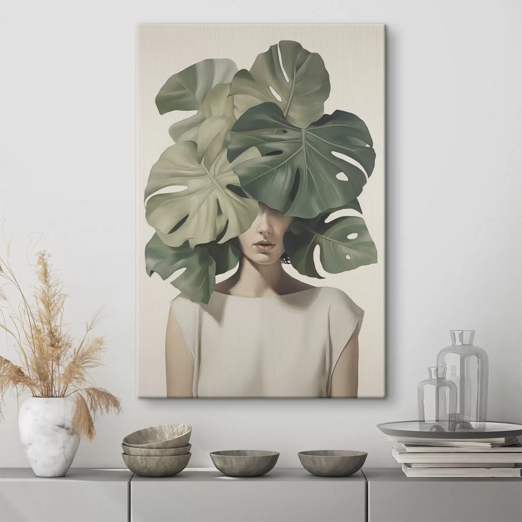 Fototapete Abstraktes Porträt eines Mädchens mit Monstera-Blättern s47336