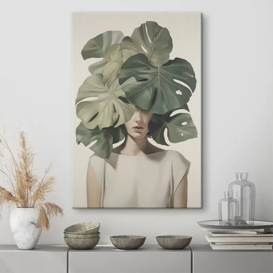 Fototapete Abstraktes Porträt eines Mädchens mit Monstera-Blättern s47336
