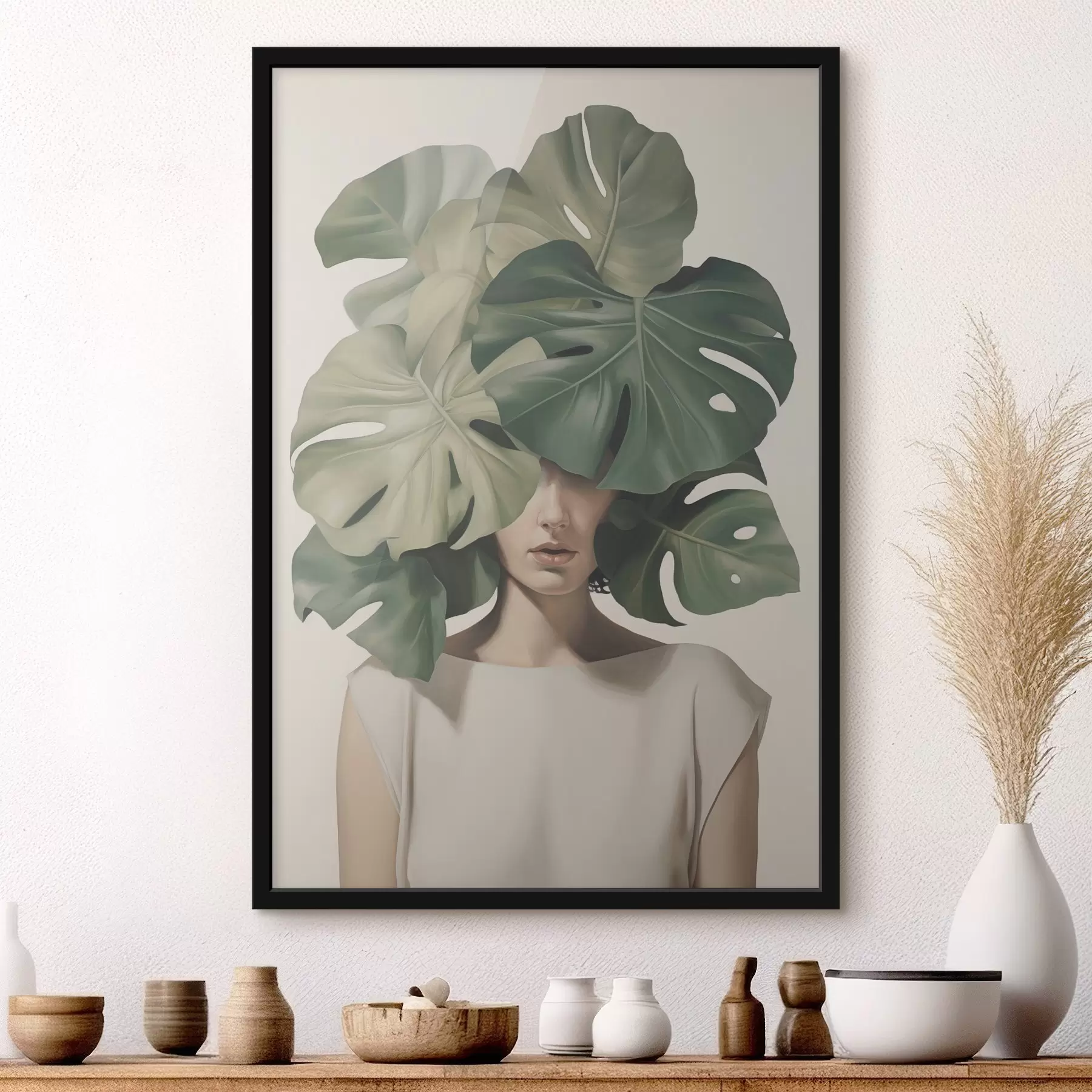 Fototapete Abstraktes Porträt eines Mädchens mit Monstera-Blättern f47336