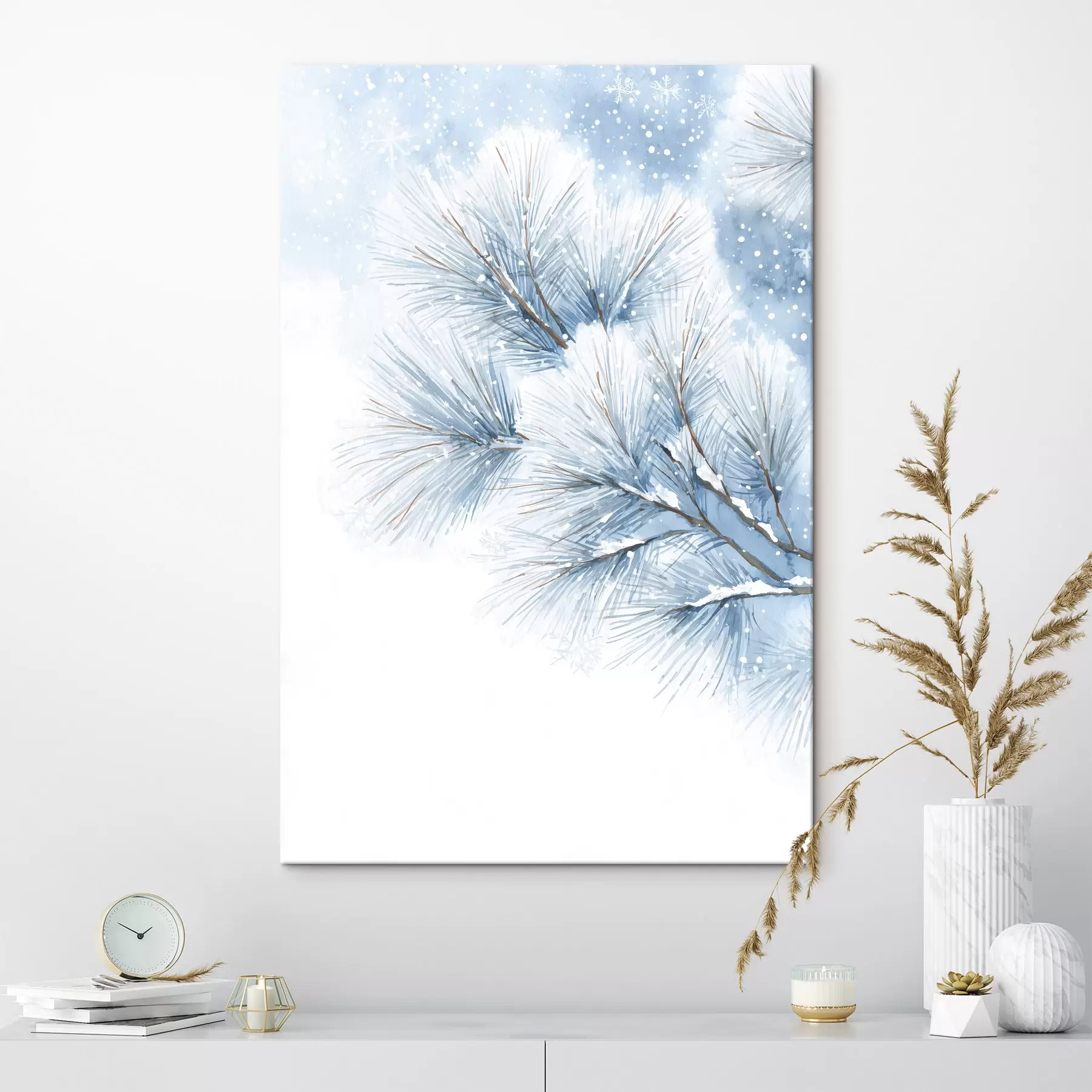 Fototapete Schneebedeckter Kiefernzweig im Aquarellstil s47114