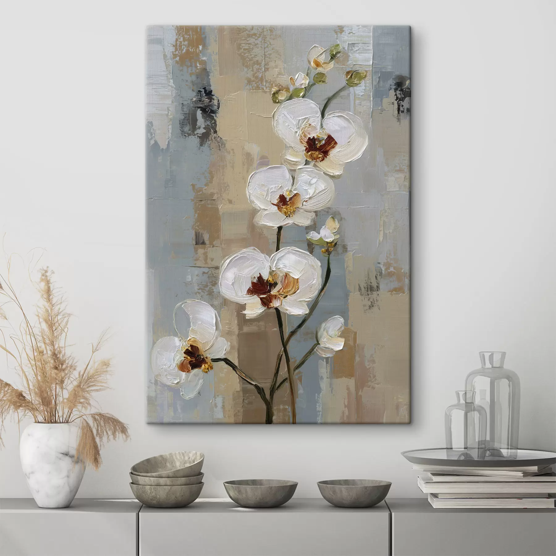 Fototapete weiße Orchideenblüten im Stil eines Ölgemäldes s47131