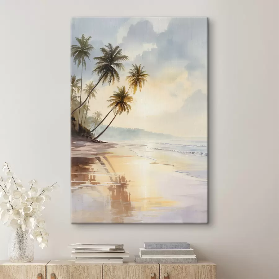 Fototapete Sonnenuntergang am Strand einer Insel im Aquarellstil s47136