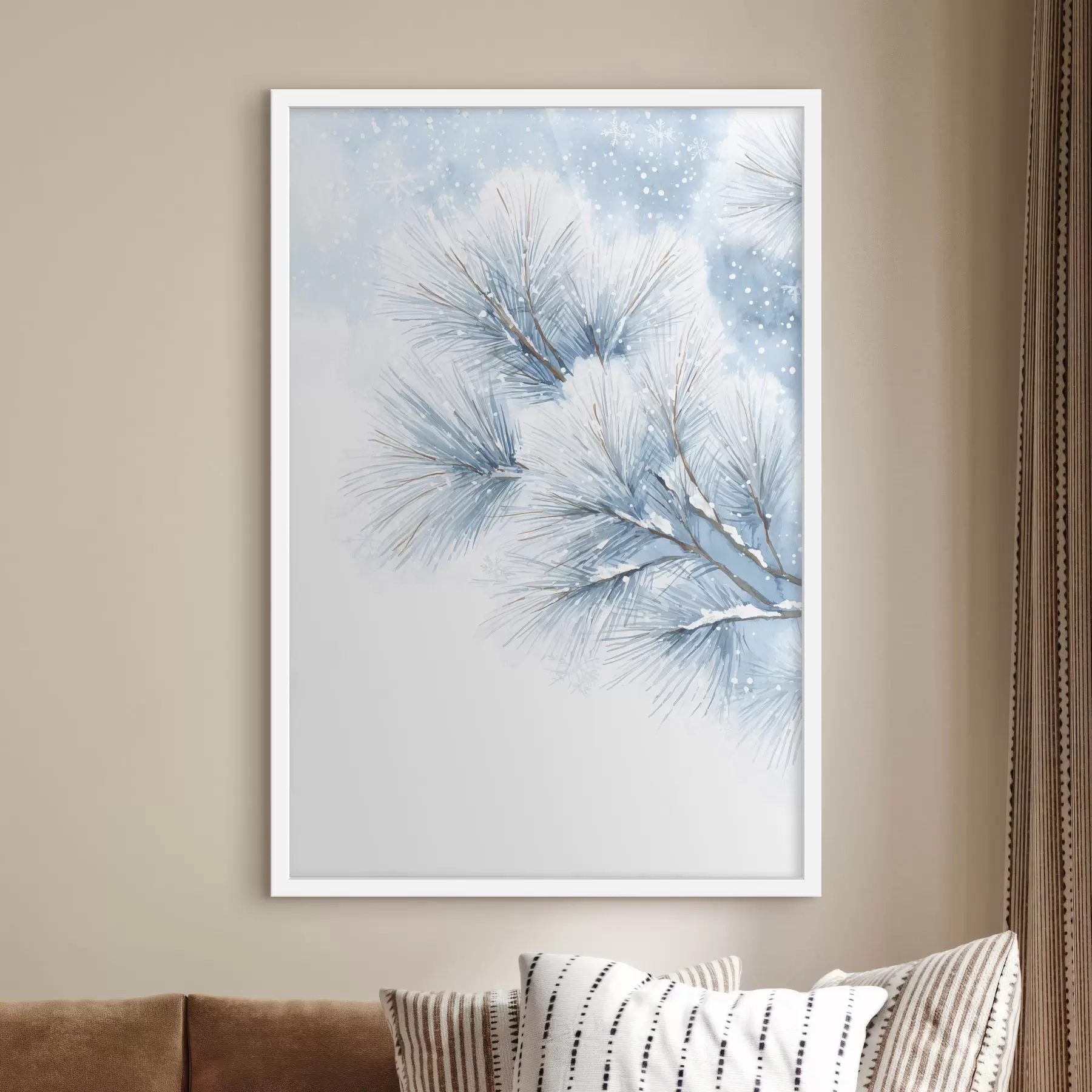 Fototapete Schneebedeckter Kiefernzweig im Aquarellstil f47114