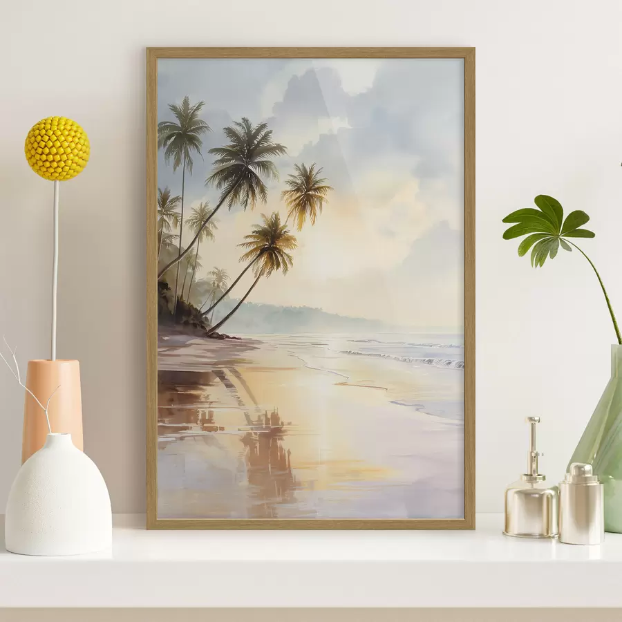 Fototapete Sonnenuntergang am Strand einer Insel im Aquarellstil f47136