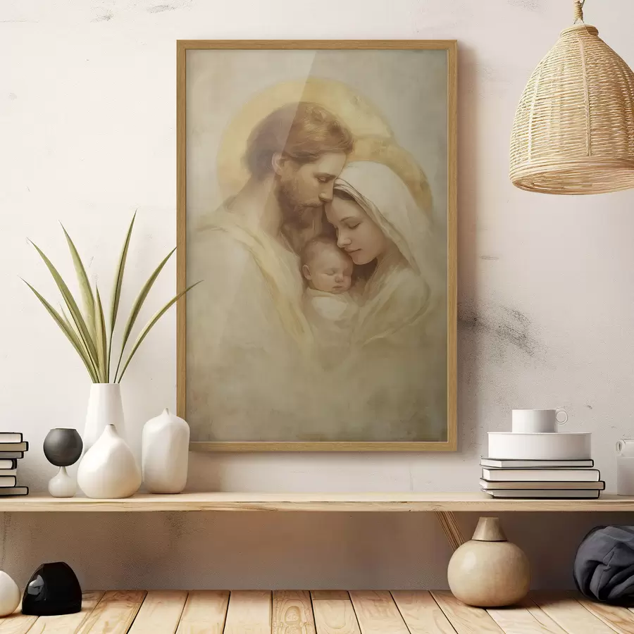 Fototapete Die Jungfrau Maria und Josef mit dem Jesuskind im Stil eines alten Freskos f47141