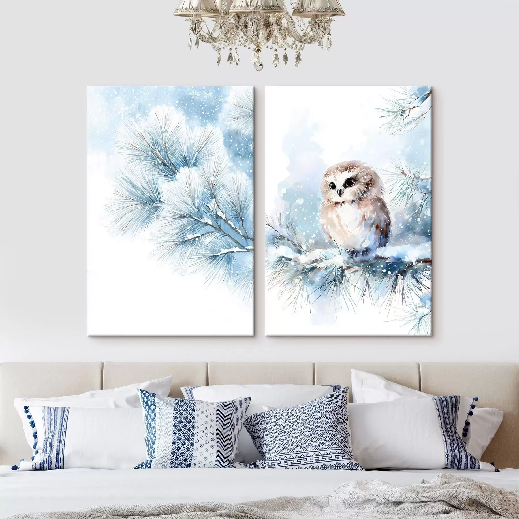 Fototapete Niedliche Eule auf einem schneebedeckten Tannenzweig im Aquarellstil m01168