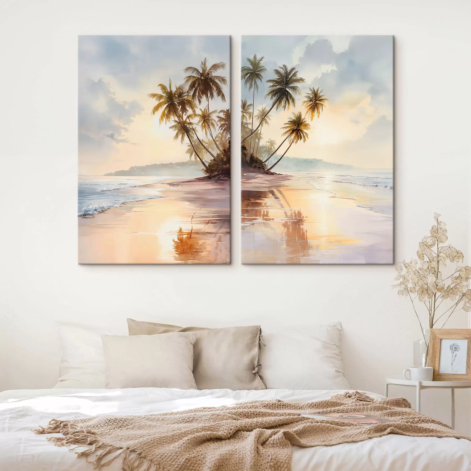 Fototapete Sonnenuntergang am Strand einer Insel im Aquarellstil m01177