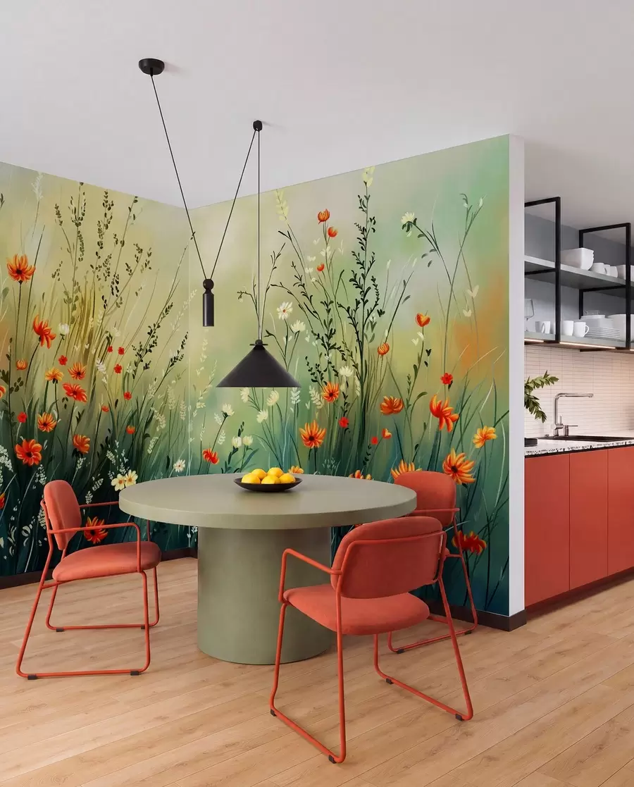Fototapete Wiesenblumen und Gräser in sanftem, malerischem Stil w05015