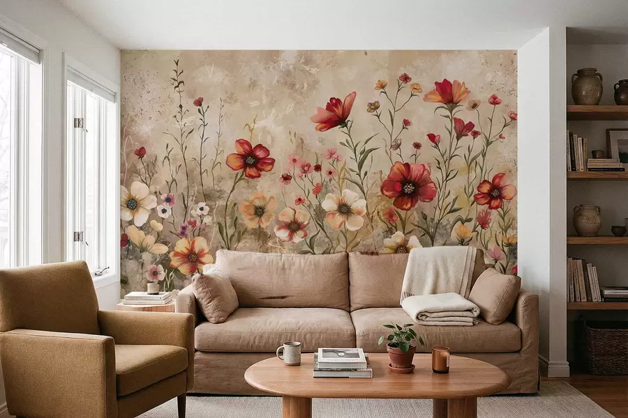 Fototapete Blumenarrangement mit strukturiertem Hintergrund in warmen Farbtönen w05016