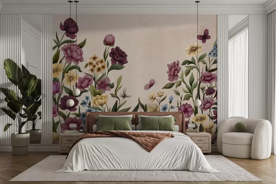 Fototapete Blumenarrangement mit Pflanzen und Schmetterlingen auf hellem Hintergrund w05072