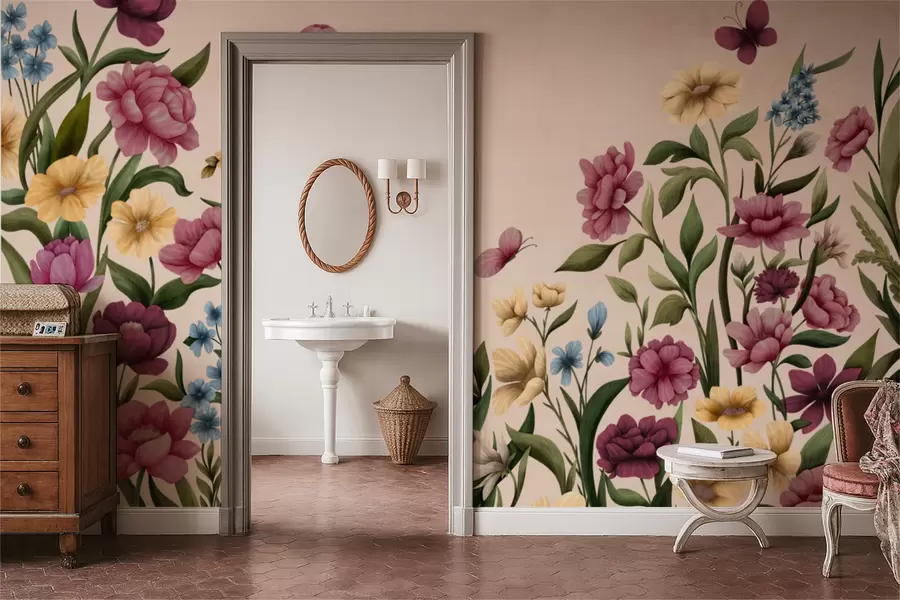 Fototapete Blumenarrangement mit Pflanzen und Schmetterlingen auf hellem Hintergrund w05072