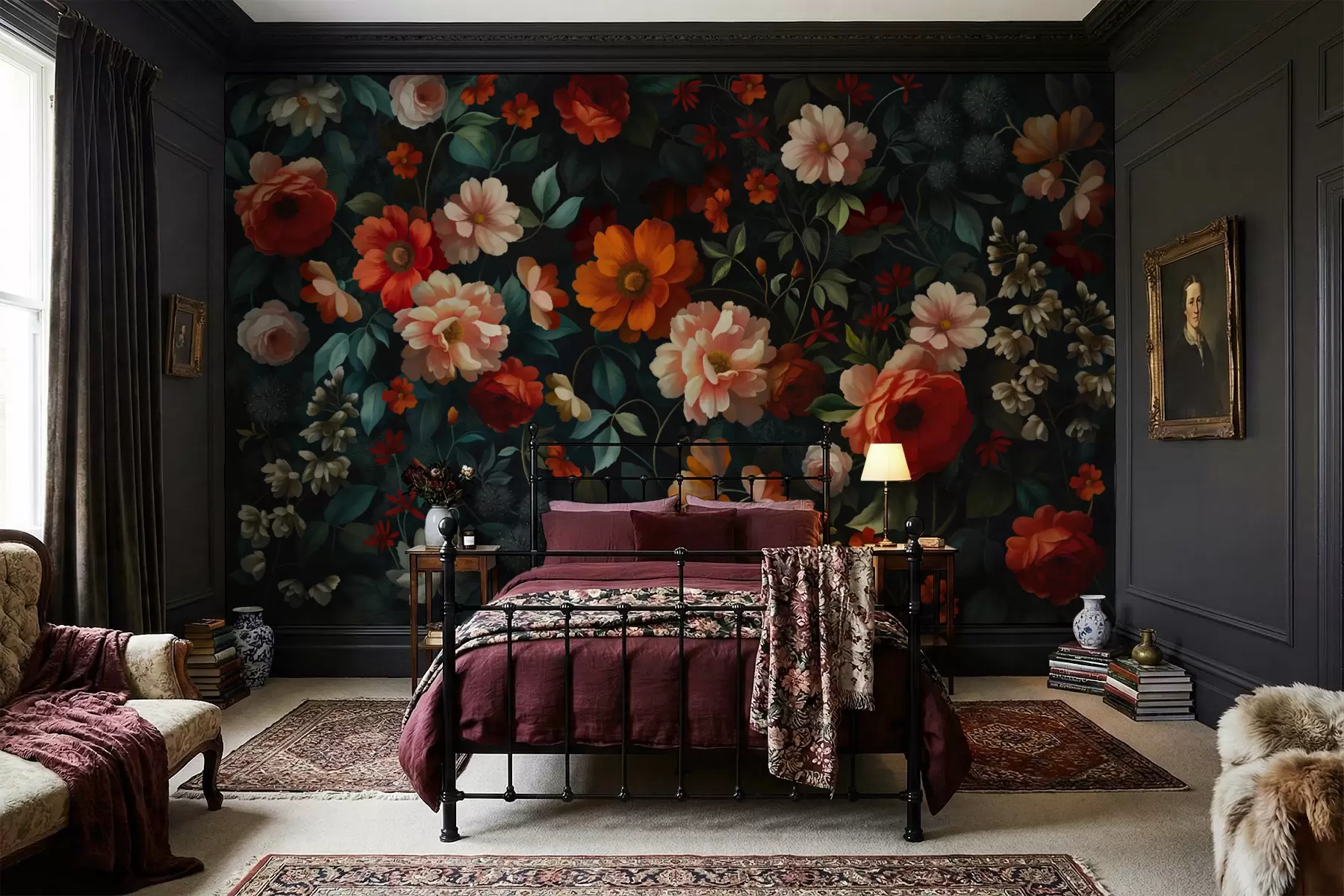 Fototapete Dunkles Blumenmuster mit üppigen Gartenblumen w05087