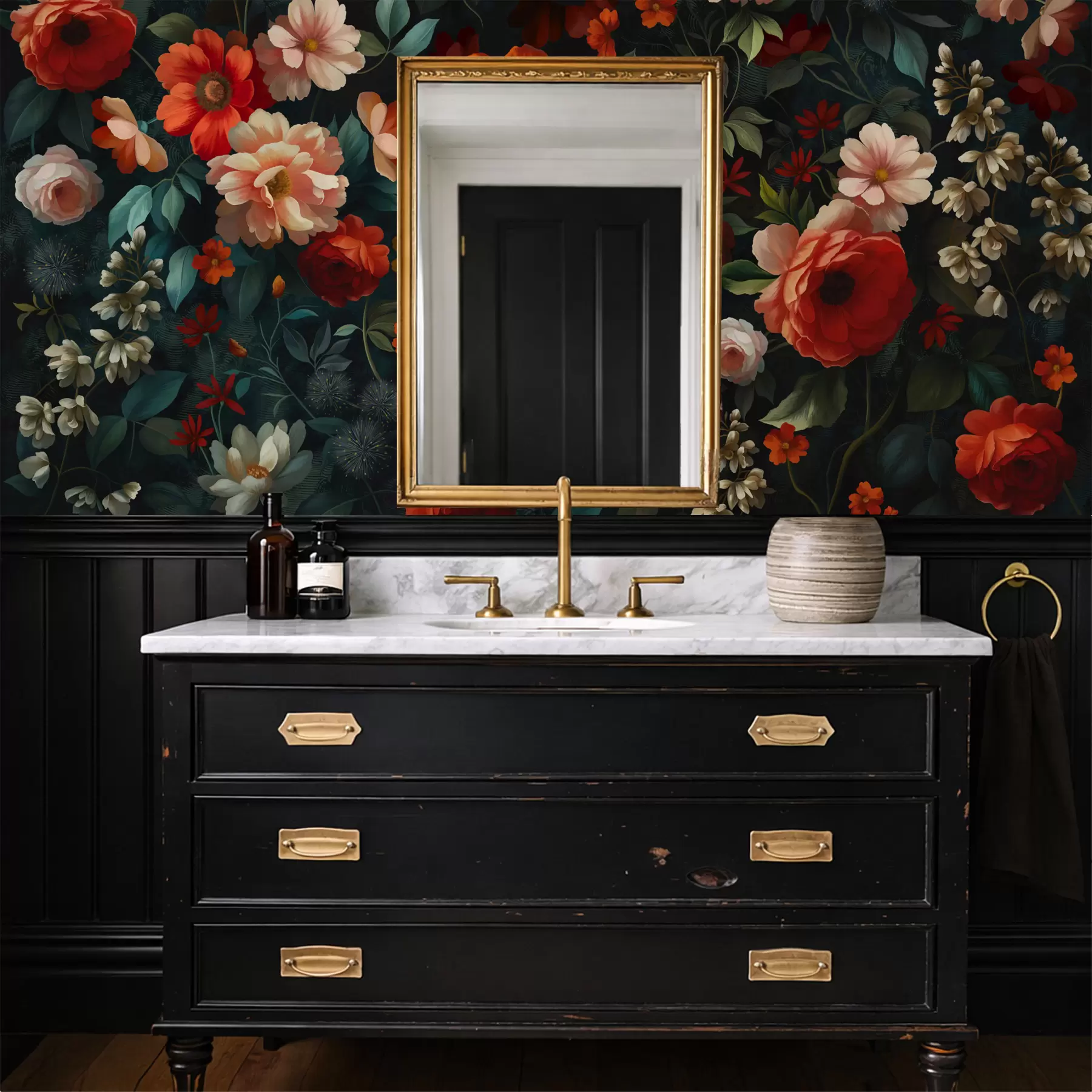 Fototapete Dunkles Blumenmuster mit üppigen Gartenblumen w05087