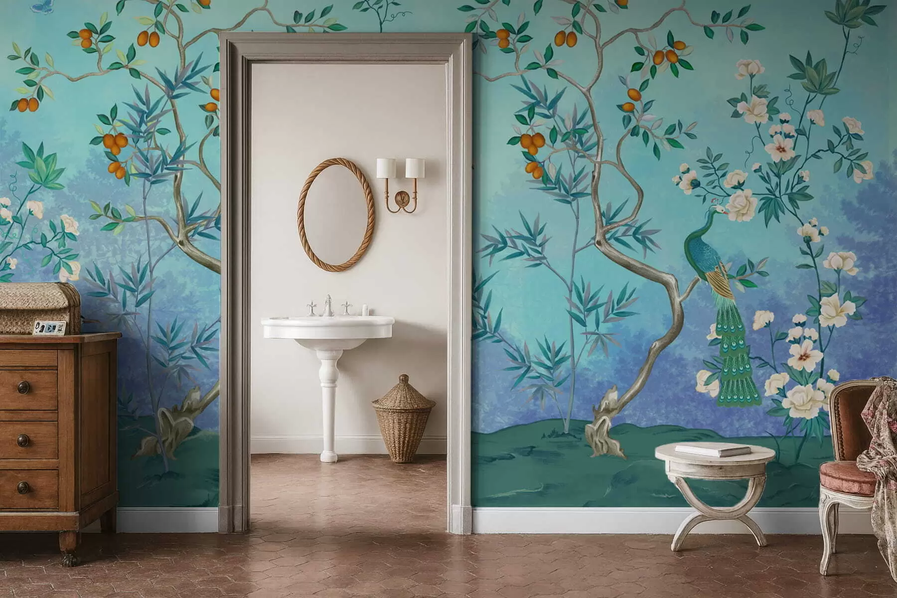 Fototapete Szene mit Bäumen, Blumen und Vögeln, blauer Hintergrund w05004v2