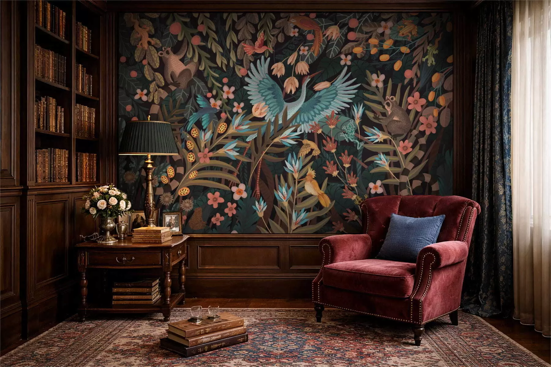 Fototapete Fantasievolle Szene mit Vögeln und Tieren inmitten von Pflanzen w05024