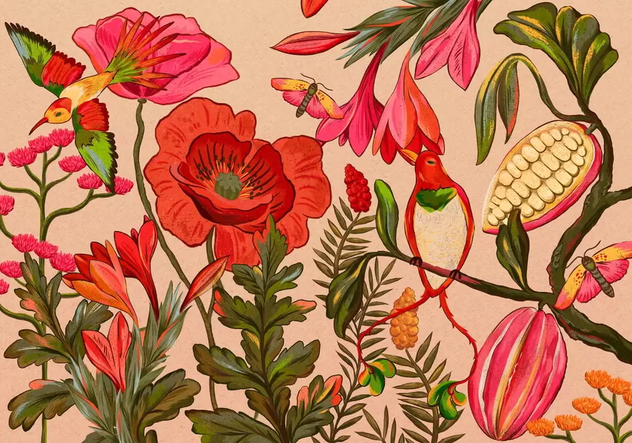 Fototapete Dekorative Blumen und Vögel auf beigem Hintergrund w05036