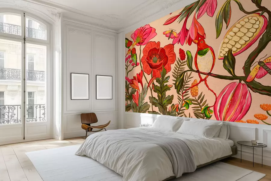 Fototapete Dekorative Blumen und Vögel auf beigem Hintergrund w05036