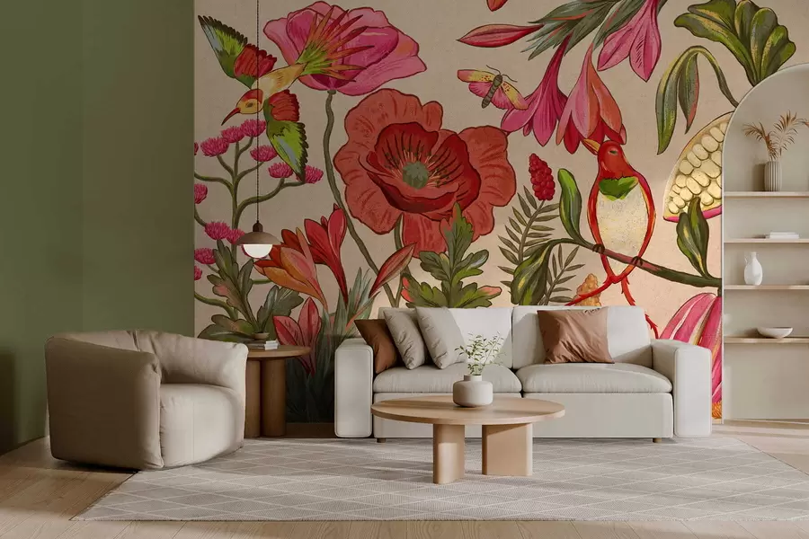 Fototapete Dekorative Blumen und Vögel auf blauem Hintergrund w05036