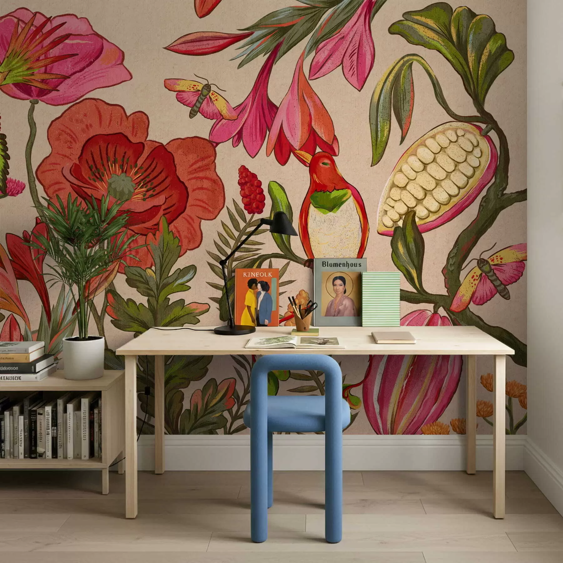 Fototapete Dekorative Blumen und Vögel auf beigem Hintergrund w05036