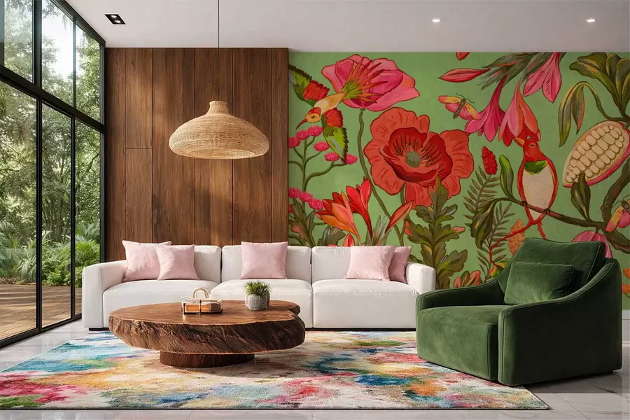 Fototapete Dekorative Blumen und Vögel auf grünem Hintergrund w05036v1