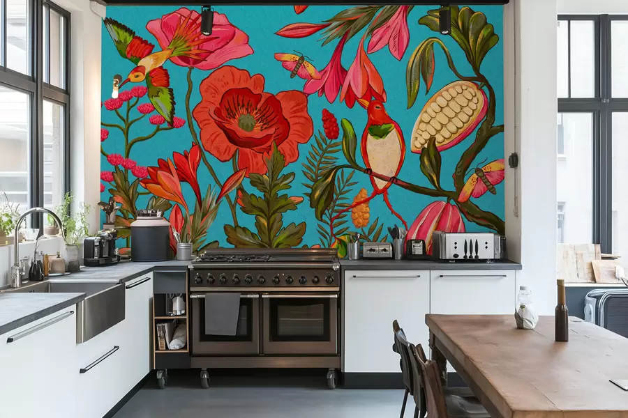 Fototapete Dekorative Blumen und Vögel auf blauem Hintergrund w05036v3