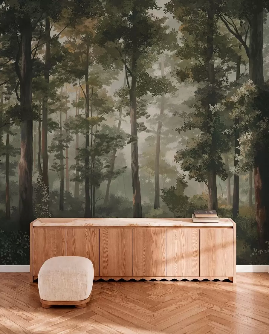 Fototapete Waldillustration mit Nebel, hohen Bäumen und einem Weg w05089