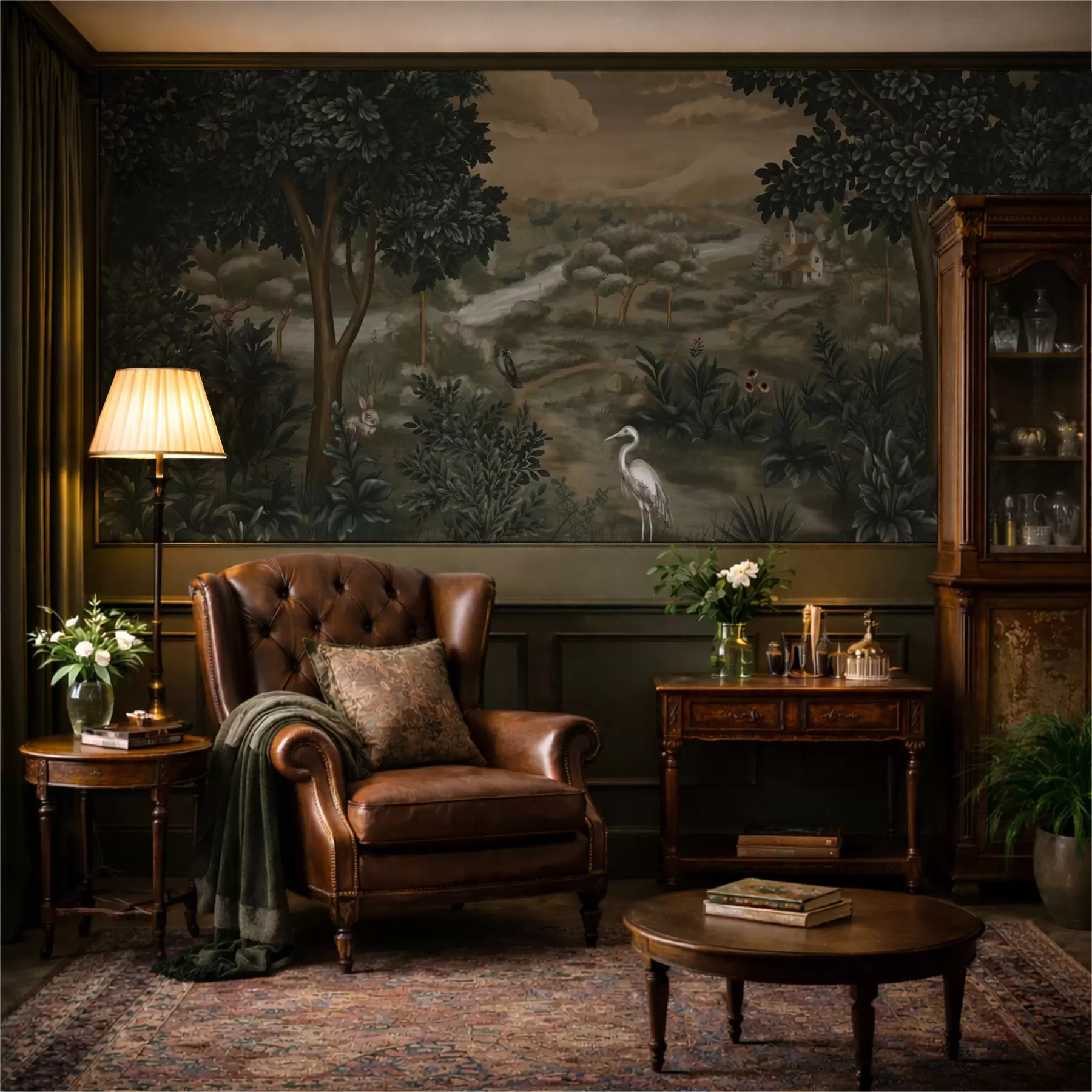 Fototapete Fantasielandschaft mit Fluss, Haus und Vögeln zwischen Bäumen w05090