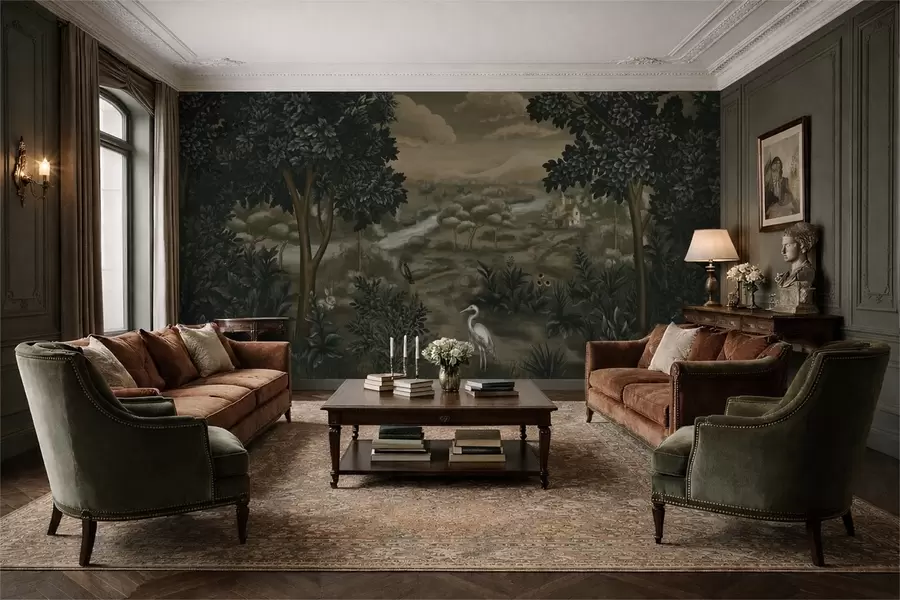 Fototapete Fantasielandschaft mit Fluss, Haus und Vögeln zwischen Bäumen w05090