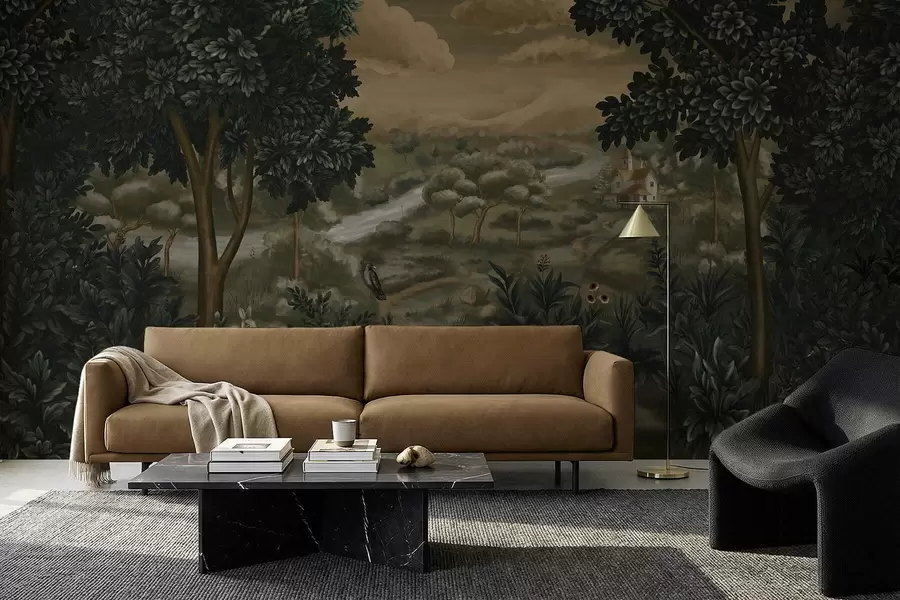 Fototapete Fantasielandschaft mit Fluss, Haus und Vögeln zwischen Bäumen w05090